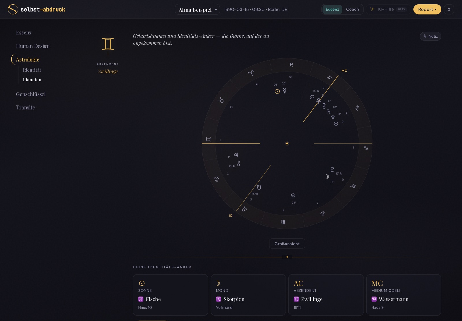 Astrologie — Geburtshoroskop, Identitätsanker und Element-Bilanz