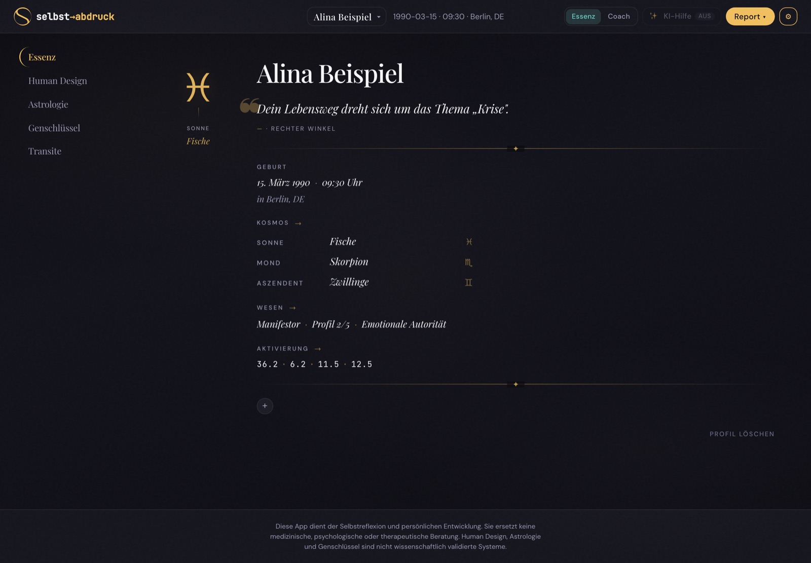 Essenz-Dashboard von selbst→abdruck — Leitsatz, Kosmos und Wesen auf einer Seite